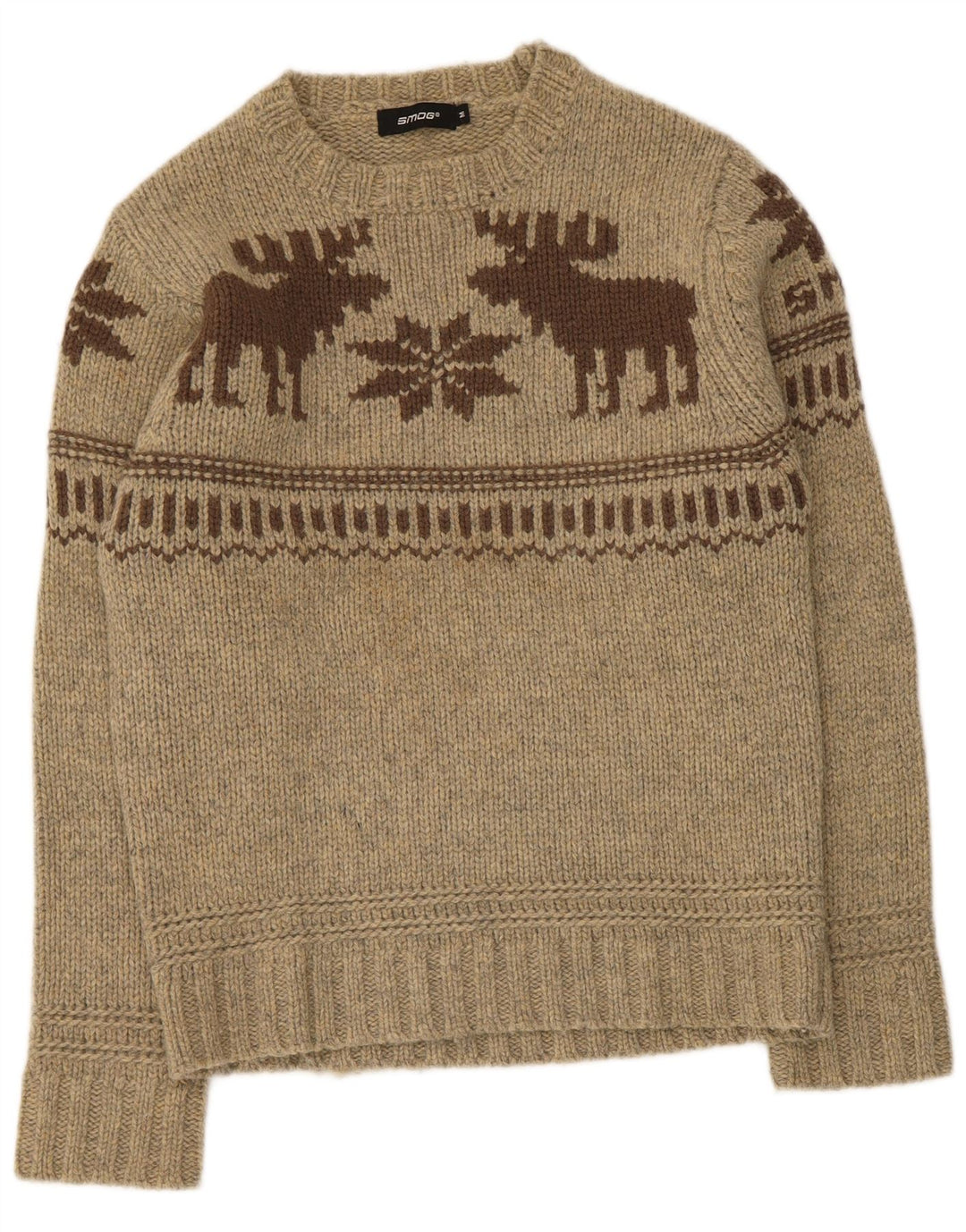 Smog Maglione da uomo con grafica girocollo e maglione in lana d'agnello Fair Isle beige medio