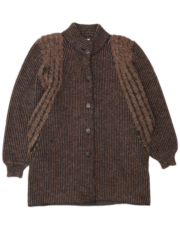 Maglione cardigan lungo da donna vintage UK 14 gessato marrone medio