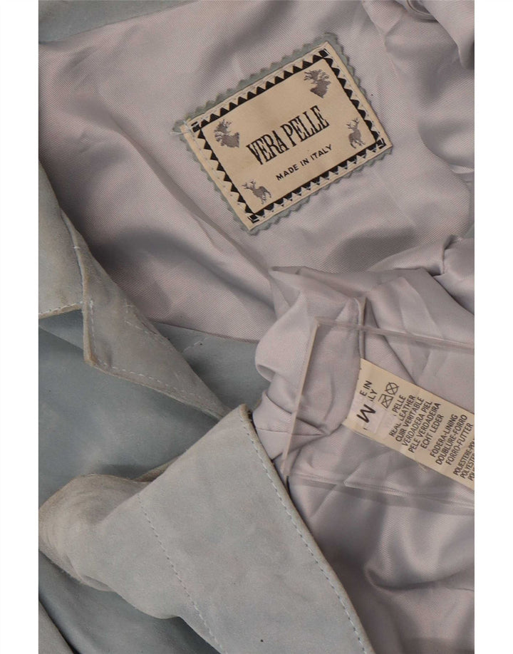 Giacca blazer vintage in pelle scamosciata a 4 bottoni da donna UK 14 in pelle blu medio