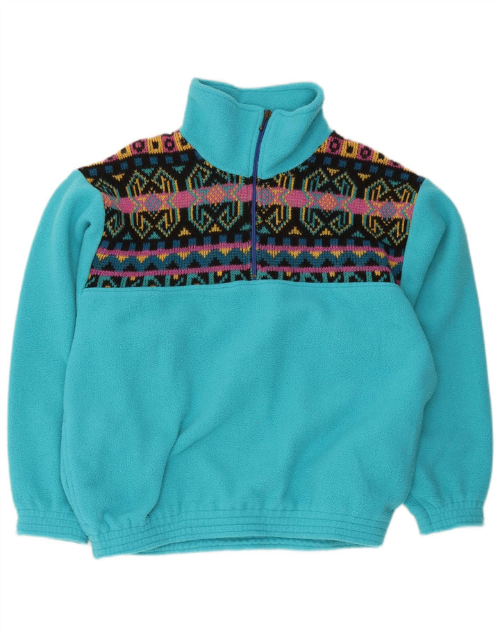 Maglione in pile vintage da uomo con zip e collo blu medio geometrico