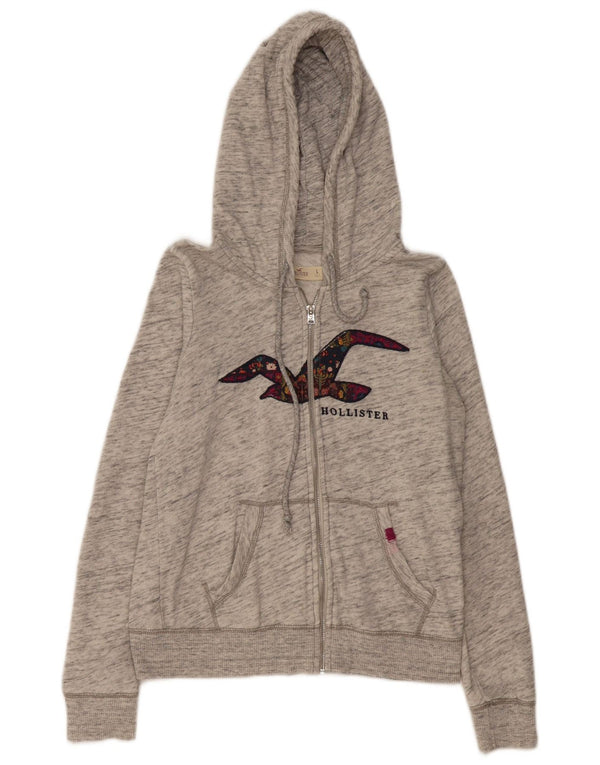 Felpa con cappuccio e zip grafica Hollister da donna UK 14 Large Grey Flecked Cotton