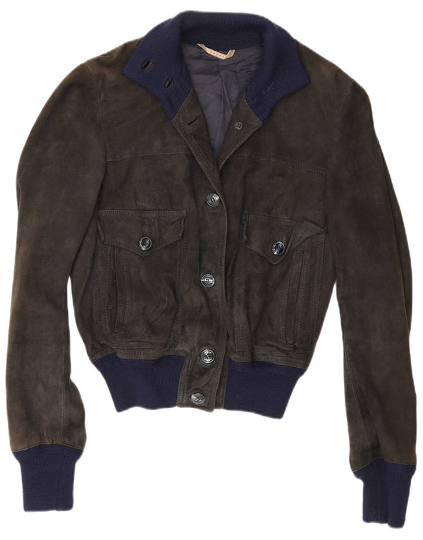 Giubbotto bomber in pelle scamosciata da donna Reda UK 10 piccolo in pelle nera color block