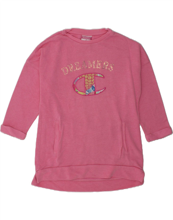 CHAMPION Girls Graphic Sweatshirt Jumper 7-8 Years Small Pink Cotton | Vintage Champion | Thrift | Second-Hand Champion | Used Clothing | Messina Hembry 
