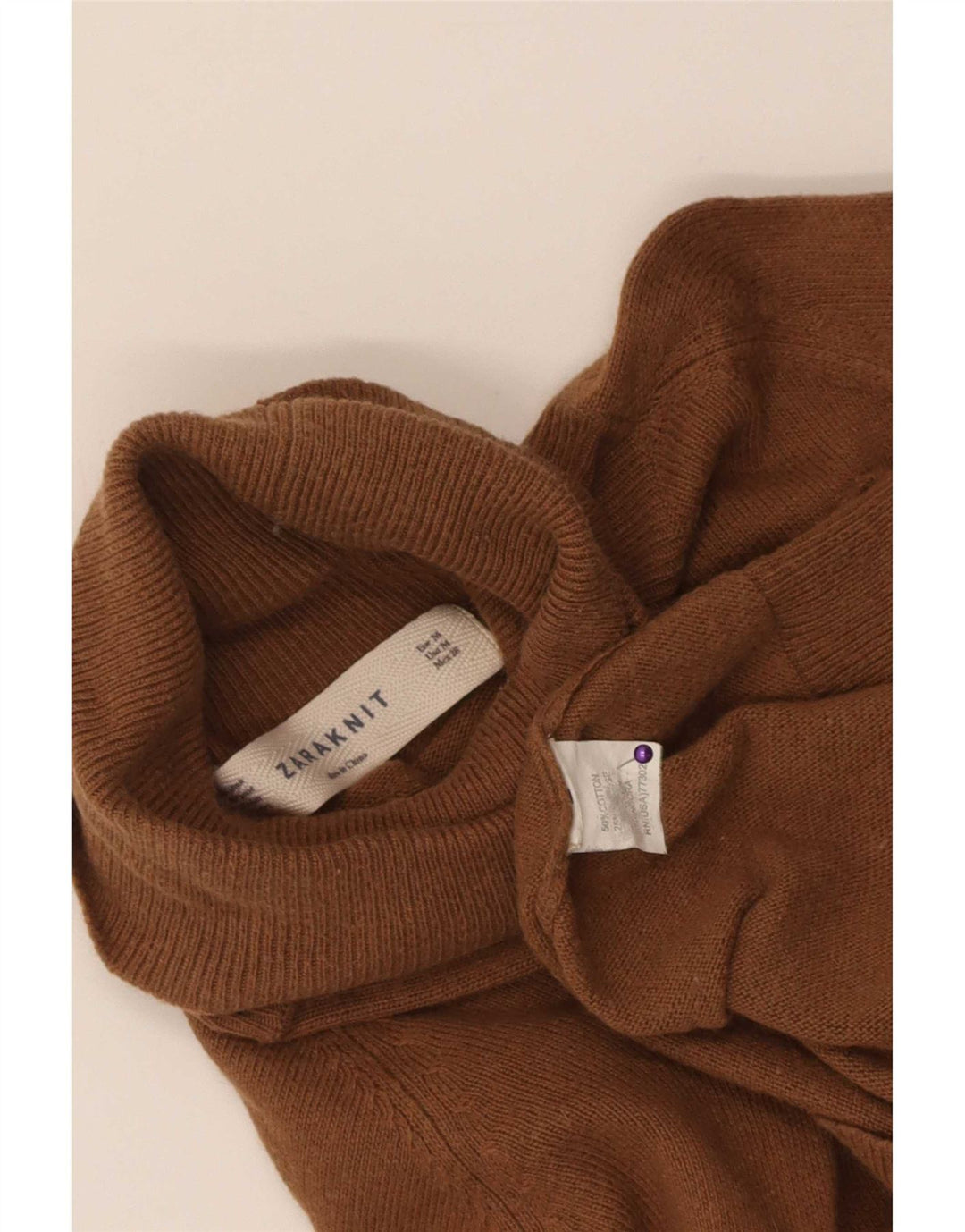 Maglione maglione collo alto da donna Zara UK 12 cotone marrone medio