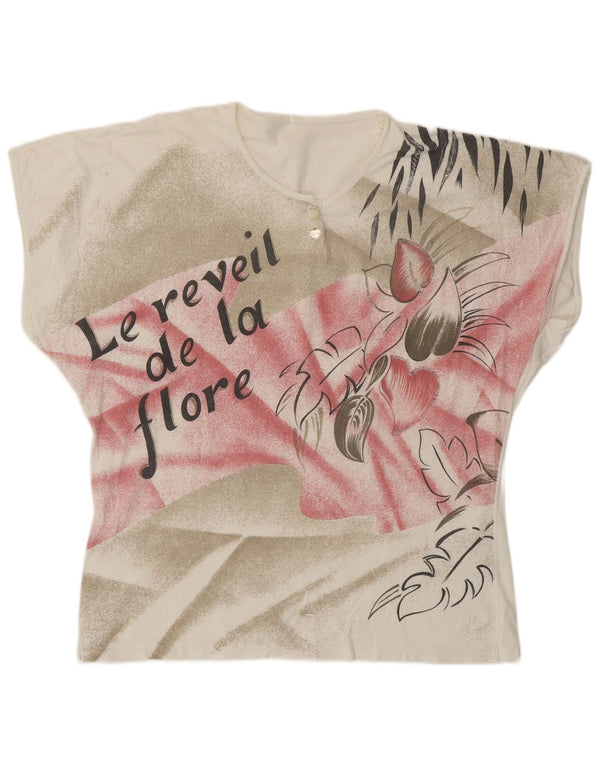 T-shirt grafica da donna vintage Top UK 16 grande cotone floreale bianco