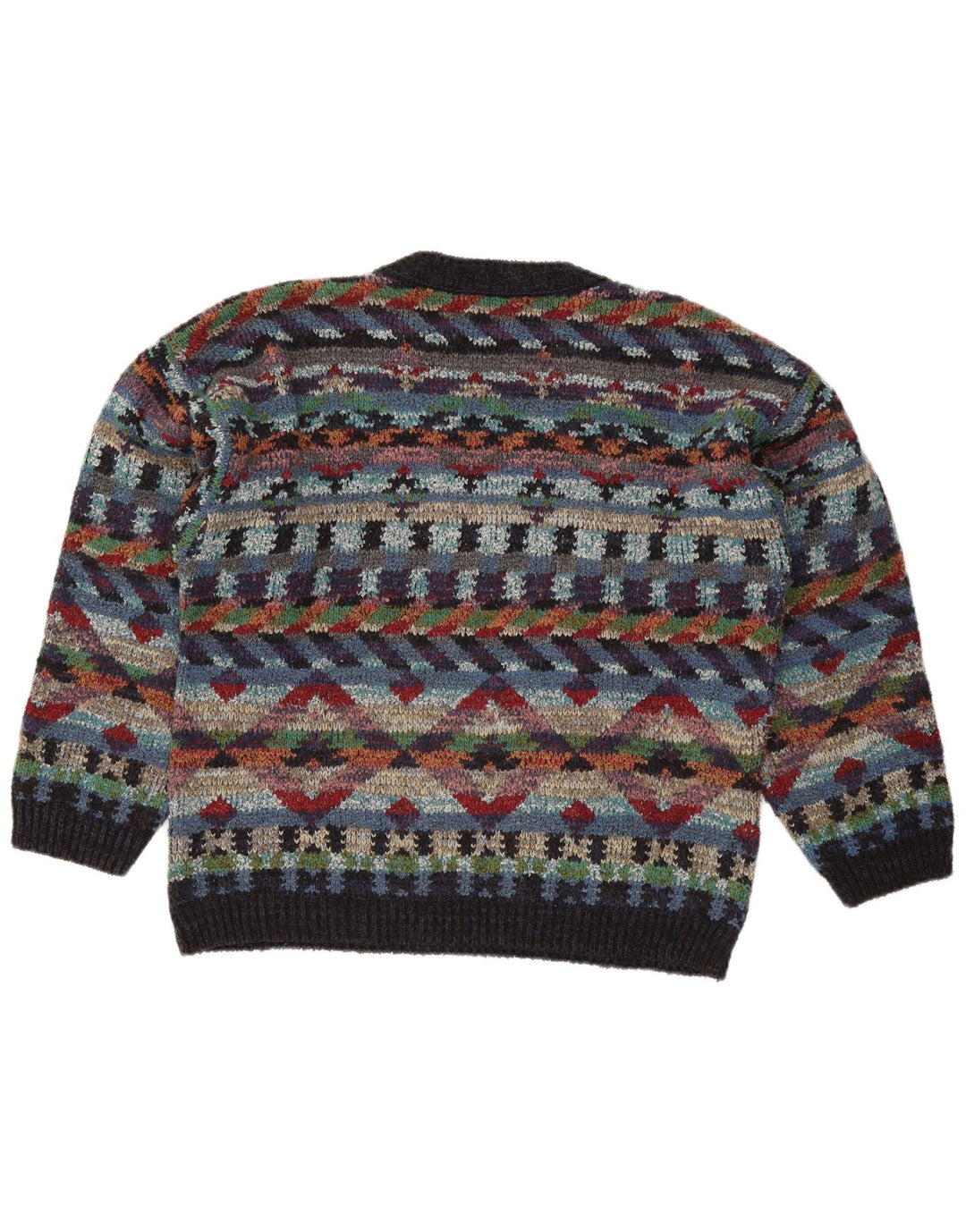 Maglione vintage da uomo con scollo a V in lana geometrica multicolore media