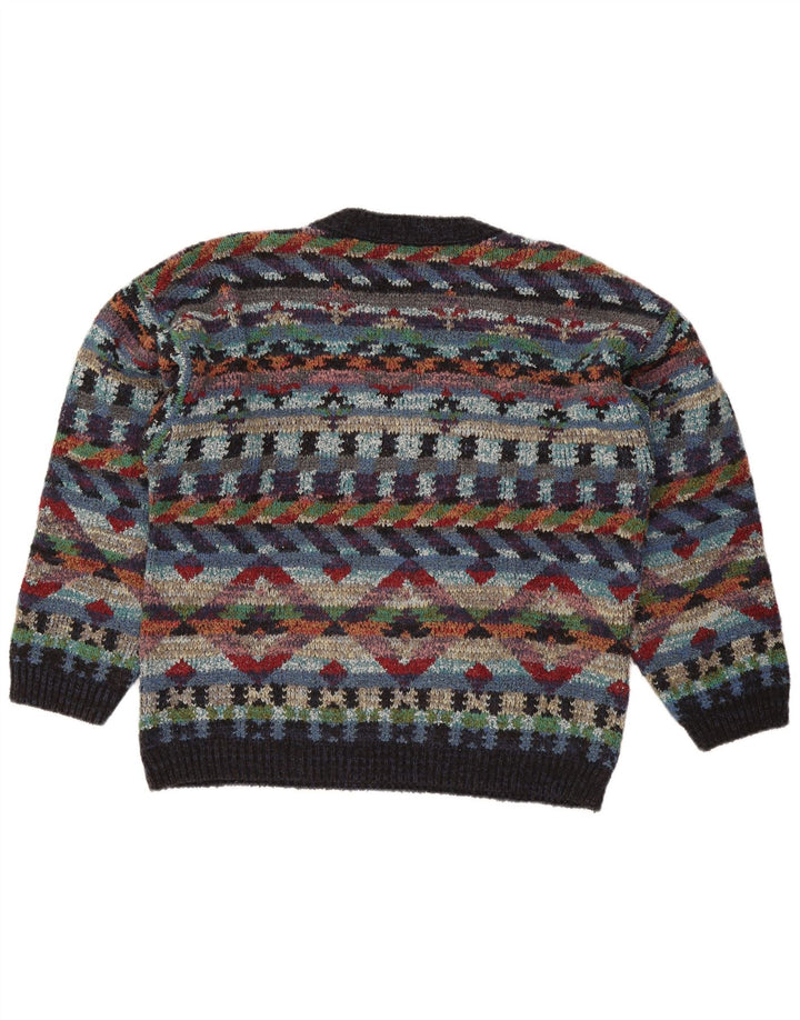 Maglione vintage da uomo con scollo a V in lana geometrica multicolore media