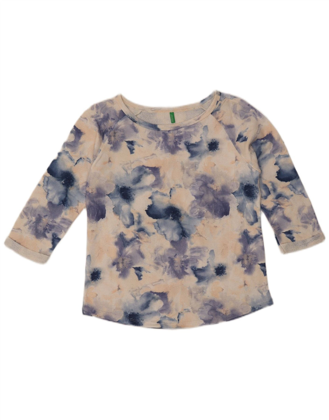 BENETTON Top da donna manica 3/4 UK 14 cotone floreale blu medio