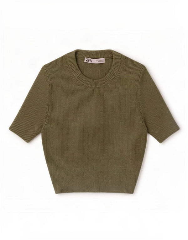 Maglione corto girocollo a maniche corte da donna Zara UK 8 piccolo cachi