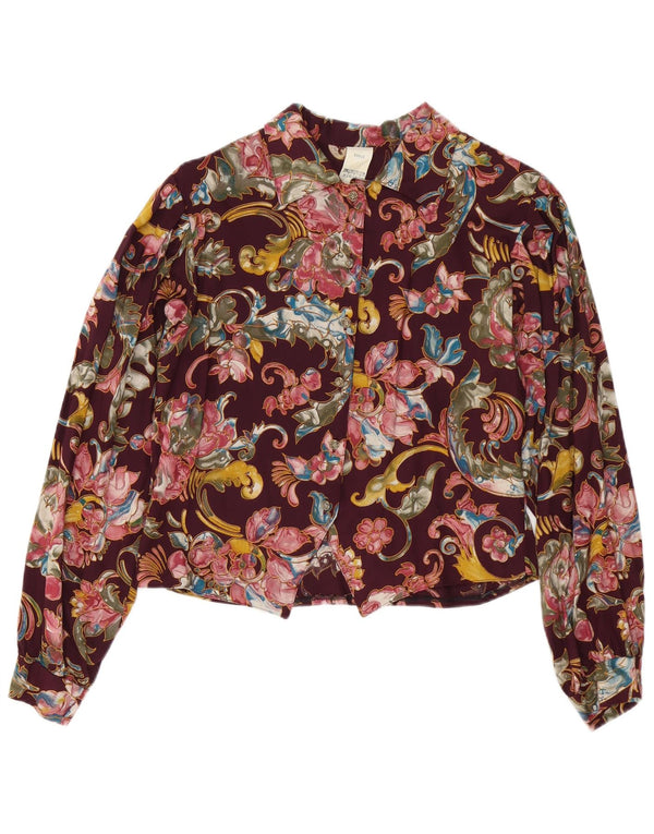 Camicetta camicia vintage da donna UK 10 piccola viscosa floreale bordeaux