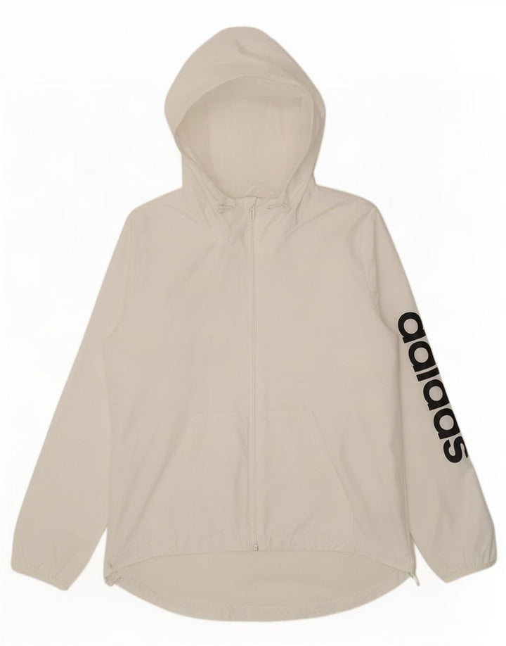 Giacca antipioggia con cappuccio grafica da donna Adidas UK 12/14 poliestere bianco medio