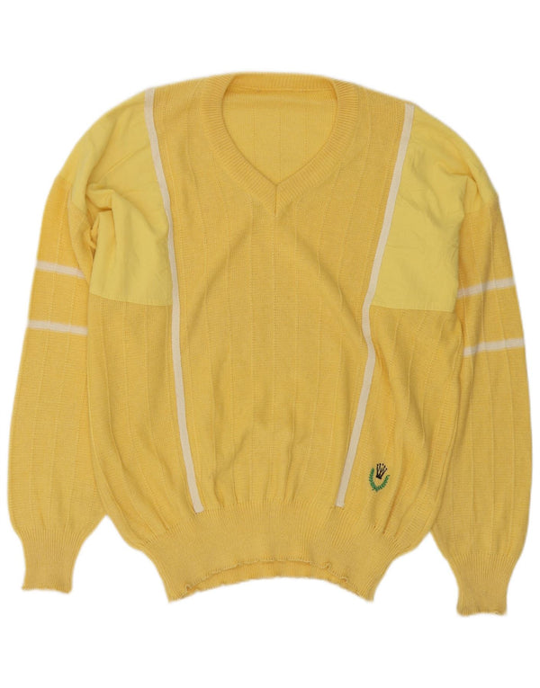 Maglione vintage da uomo con scollo a V XL a righe gialle