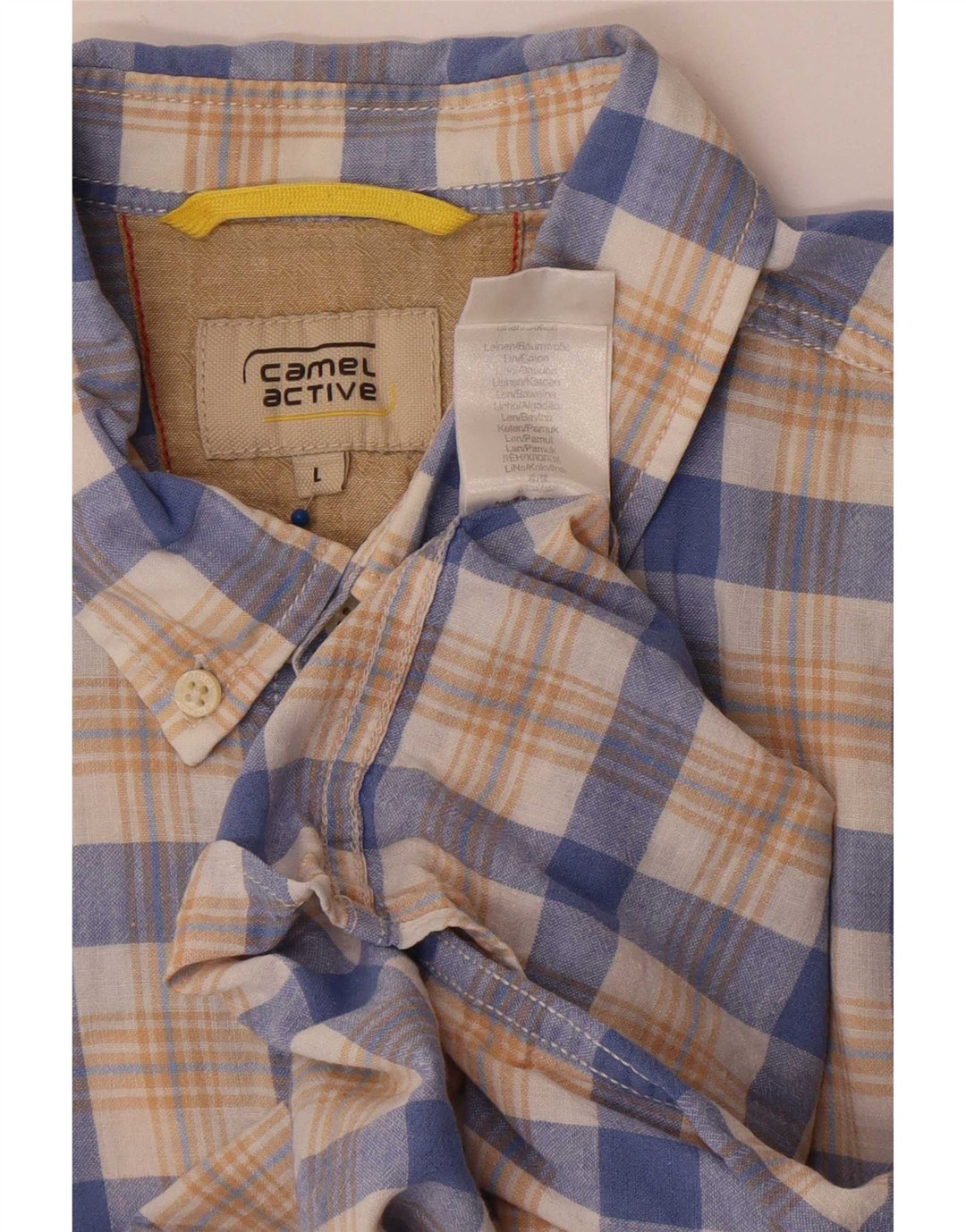 Camicia a maniche corte da uomo color cammello in lino a quadri blu grande