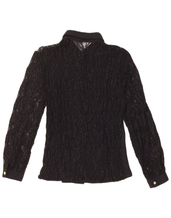 Camicetta camicia di pizzo vintage da donna UK 10 piccolo poliestere floreale nero