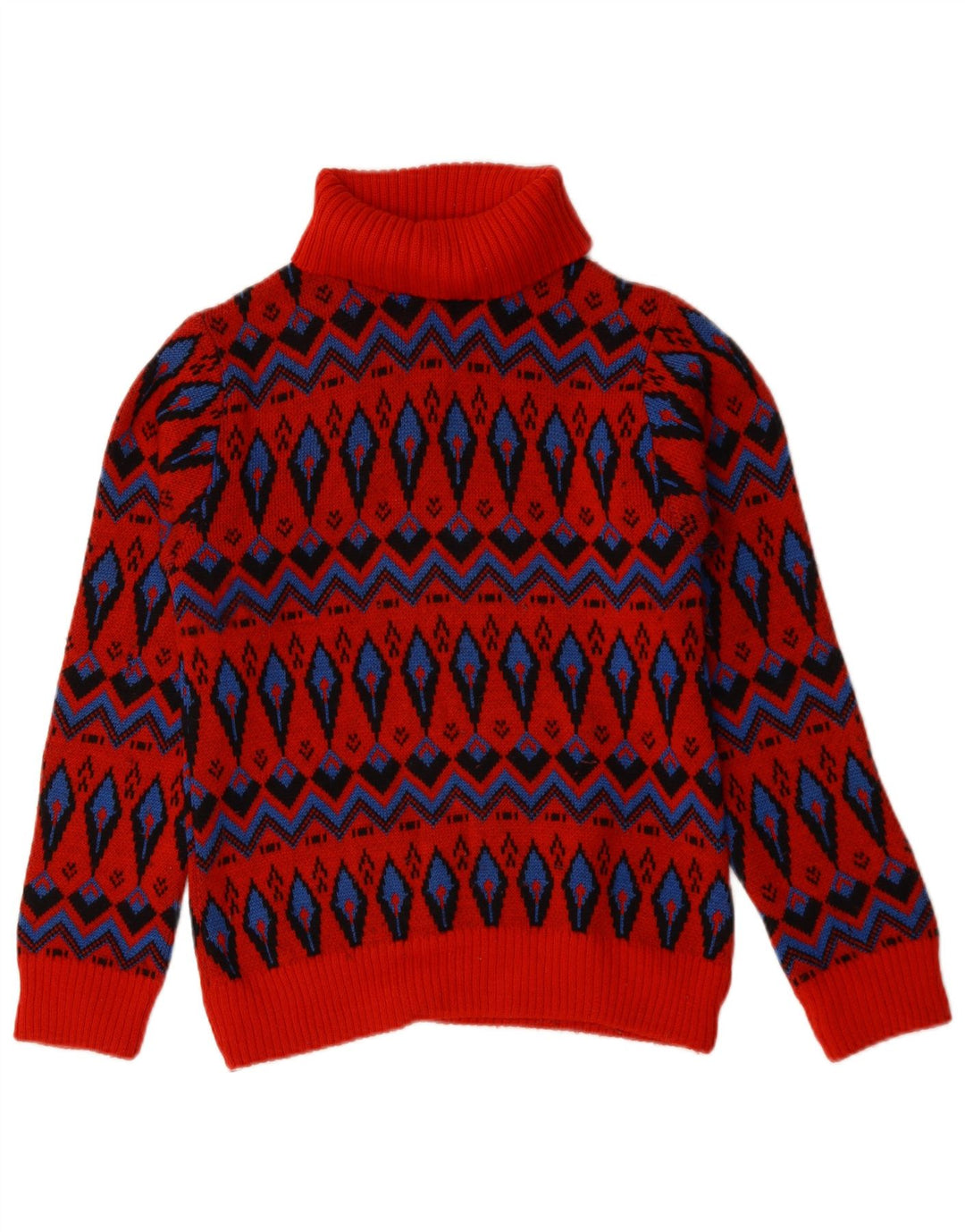 Maglione vintage da donna con collo alto e collo alto, taglia 4, piccolo, in lana Fair Isle rossa