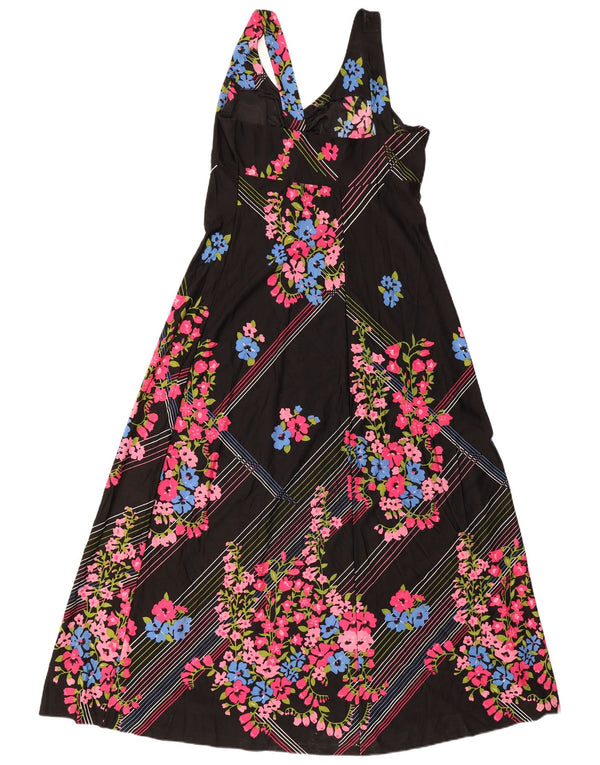 Abito lungo senza maniche vintage da donna UK 12 medio nero floreale