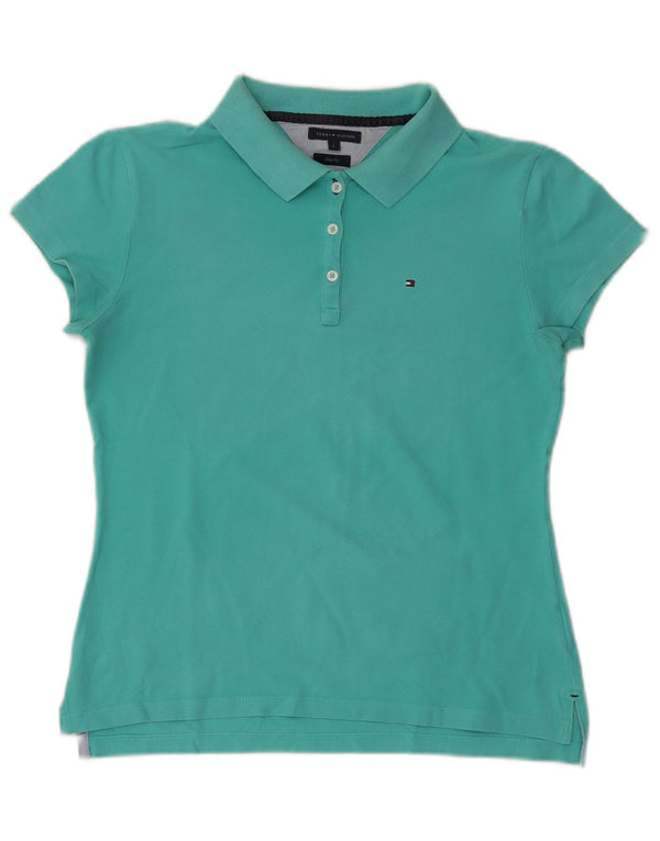 Tommy Hilfiger Womens Slim Fit Polo Shirt UK 14 Large Turquoise Cotton