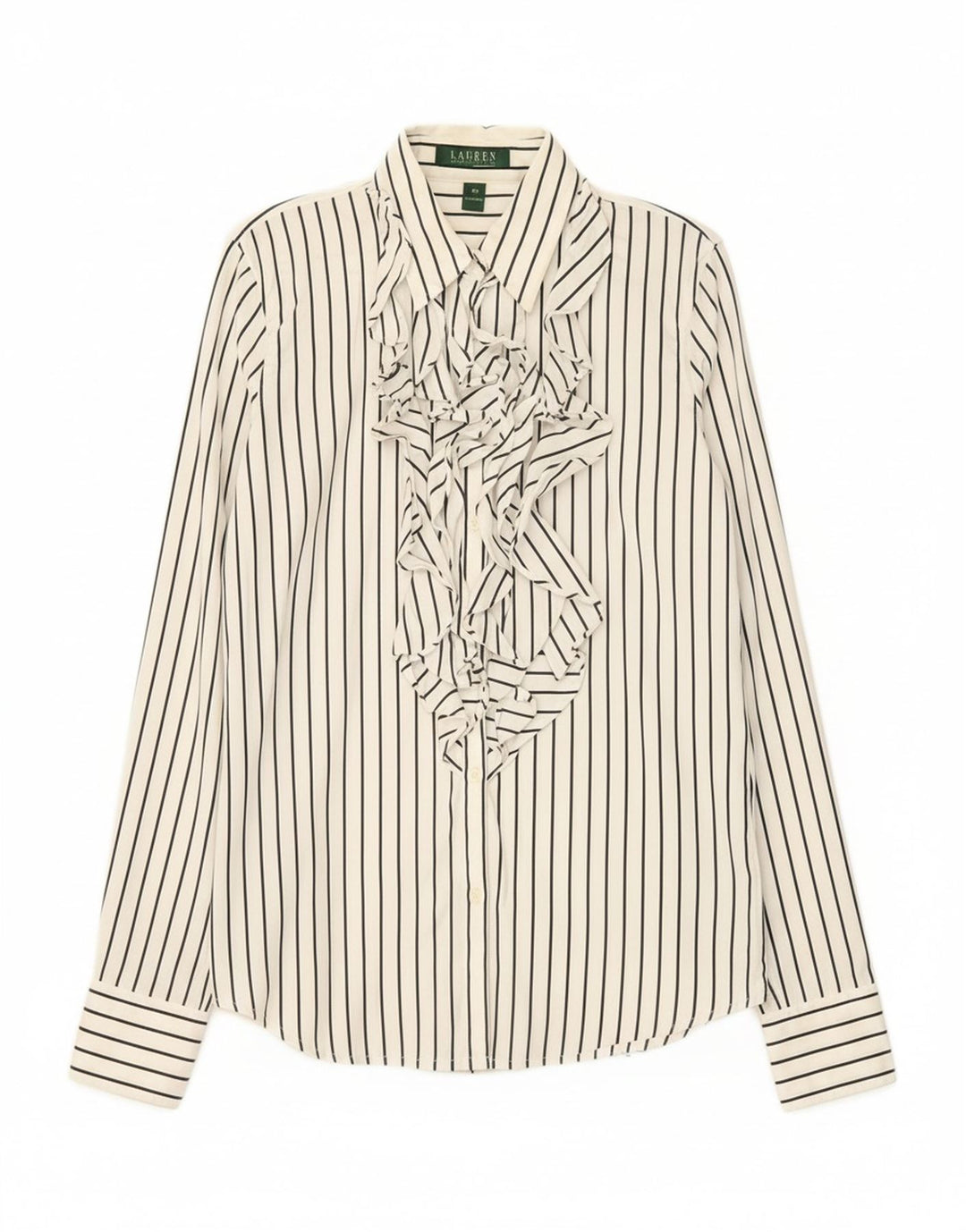 RALPH LAUREN Womens Ruffle Front Shirt Blouse UK 6 XS White Pinstripe Vintage Ralph Lauren and Second-Hand Ralph Lauren from Messina Hembry 
