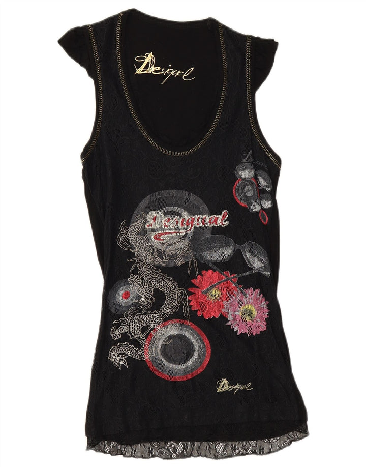 Desigual Donna Graphic Camicetta Top UK 6 XS Nero Floreale