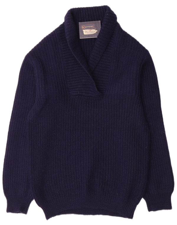 Maglione vintage da donna con collo a scialle IT 52 2XL Lana blu navy