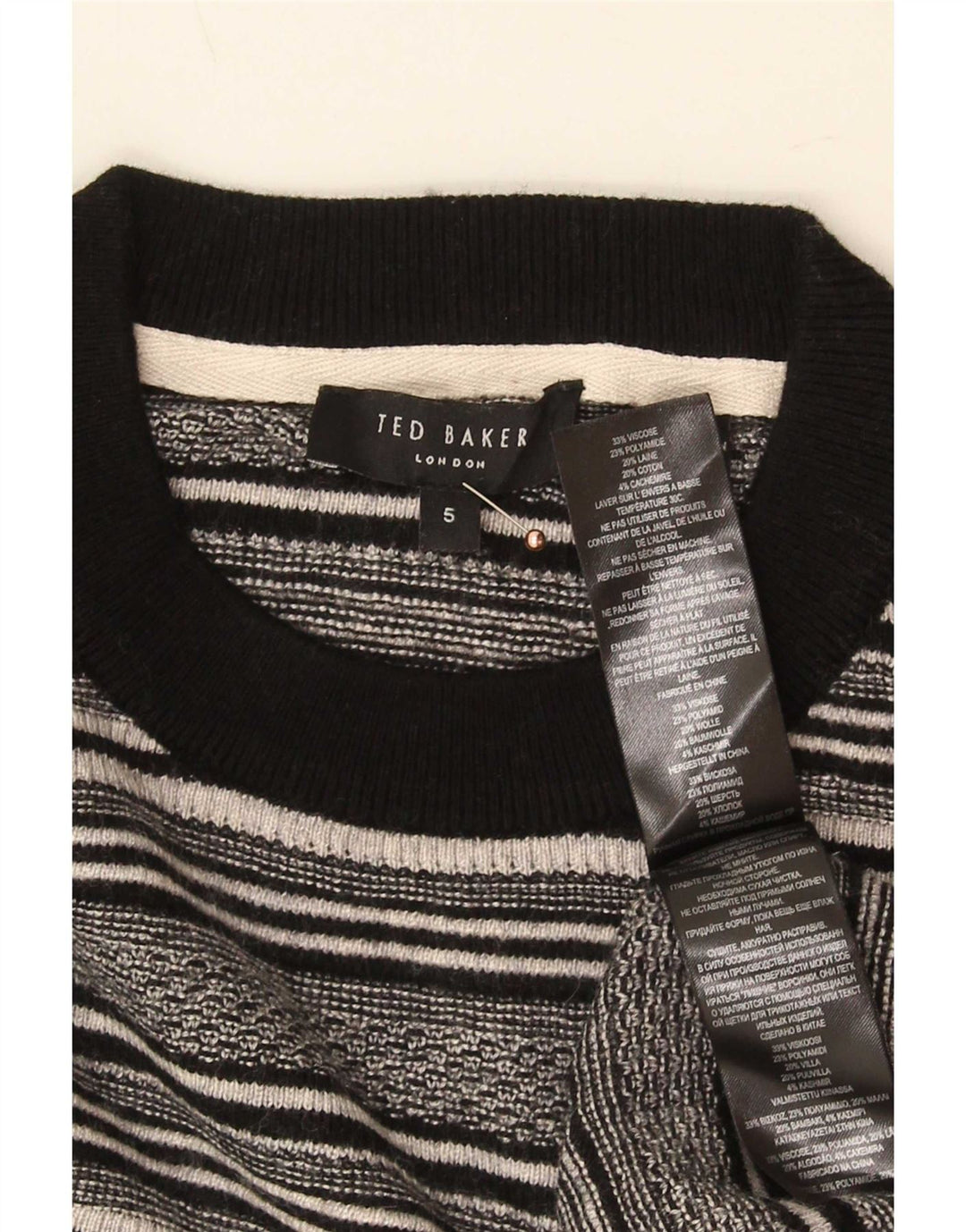 Maglione maglione girocollo da uomo Ted Baker taglia 5 XL viscosa a righe nere