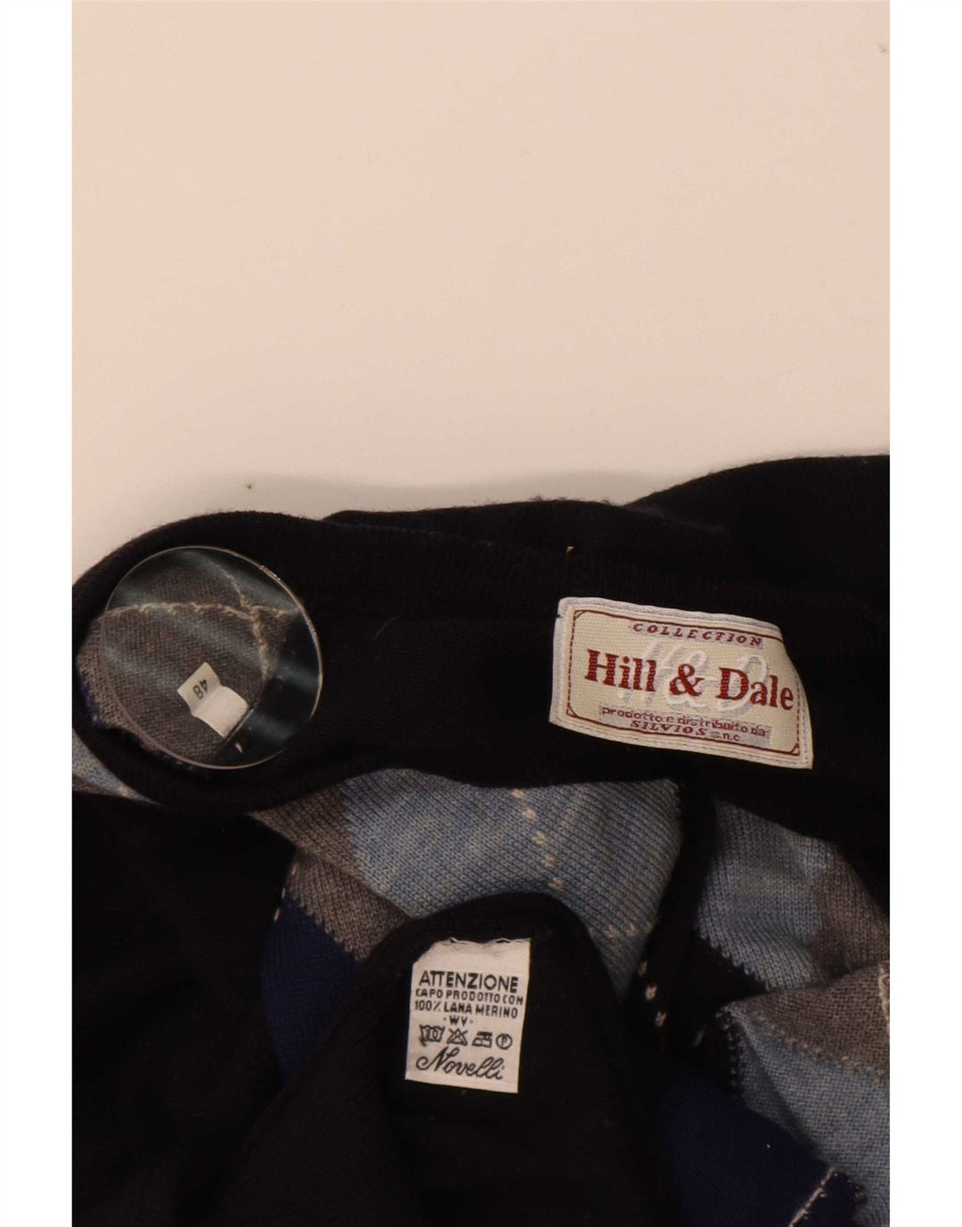 Maglione vintage da uomo con scollo a V IT 48 medio blu navy a rombi/diamante
