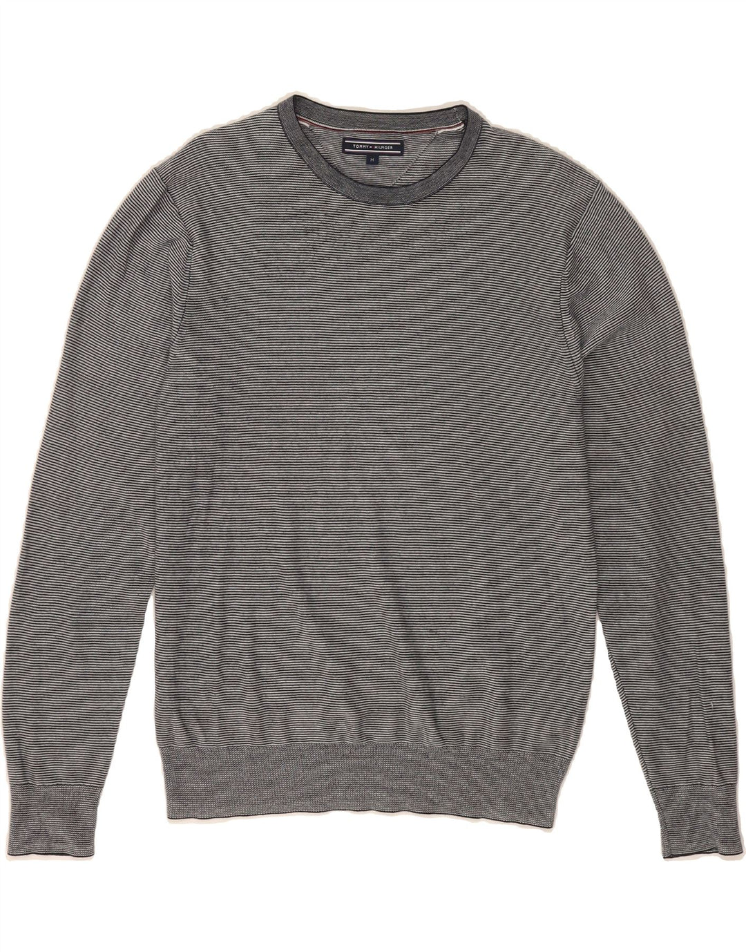TOMMY HILFIGER Mens Crew Neck Jumper Sweater Medium Grey Pinstripe Cotton Vintage Tommy Hilfiger and Second-Hand Tommy Hilfiger from Messina Hembry 