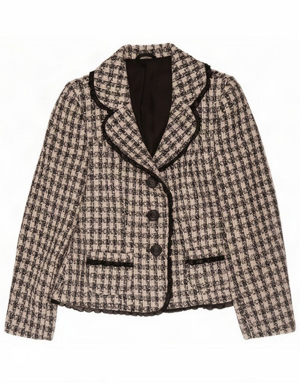 Giacca blazer vintage da donna a 3 bottoni UK 10 piccolo pied de poule nero