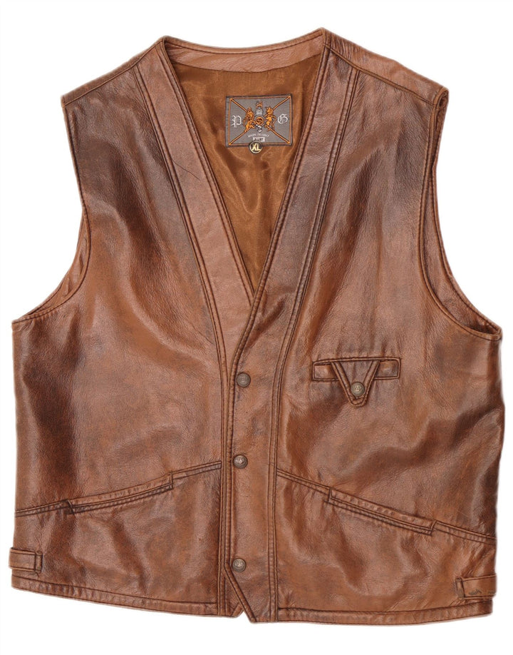 Gilet in pelle vintage da uomo XL marrone