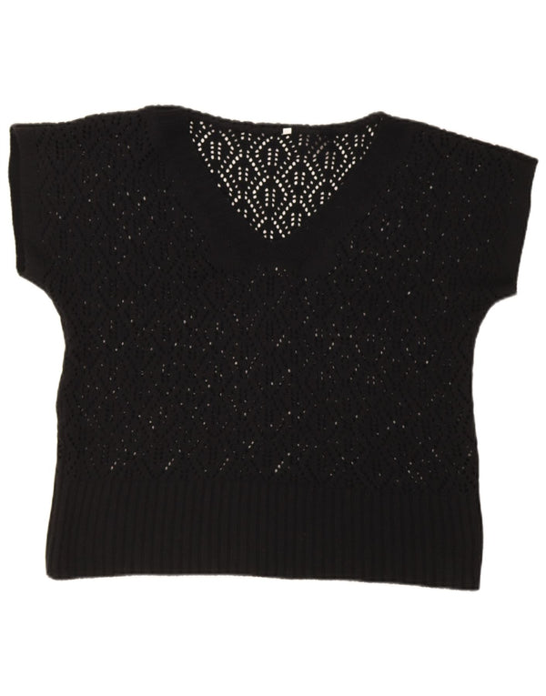 Vintage Womens Short Sleeve Crochet V-Neck Jumper Sweater UK 16 Large Black