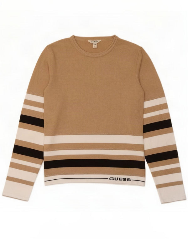 Guess Top grafico da donna a maniche lunghe UK 12 Viscosa a righe beige medio