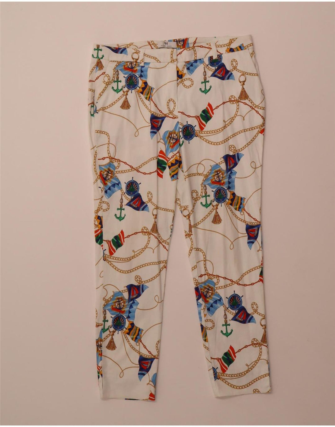 PETER HAHN Womens Abstract Pattern Crop Trousers UK 14 Large W34 L26 White