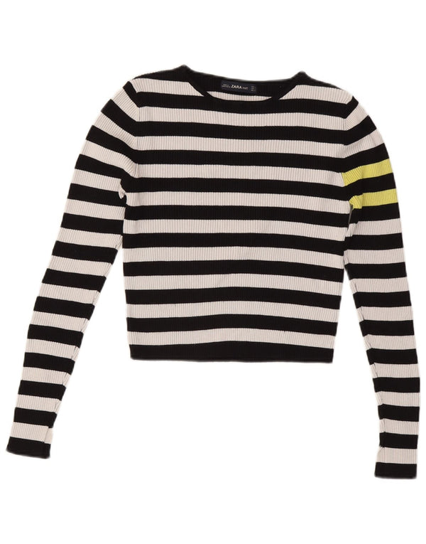 ZARA Maglione Corto da Donna con Scollo a Barca UK 12 Medio a Righe Nere