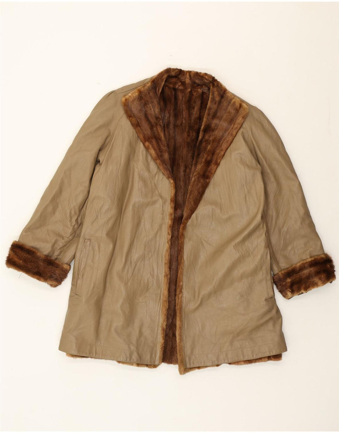 Cappotto vintage in pelle con pelliccia da donna UK 16 grande beige