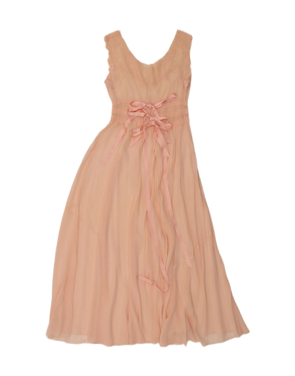 Abito lungo senza maniche vintage da donna UK 12 floreale rosa medio
