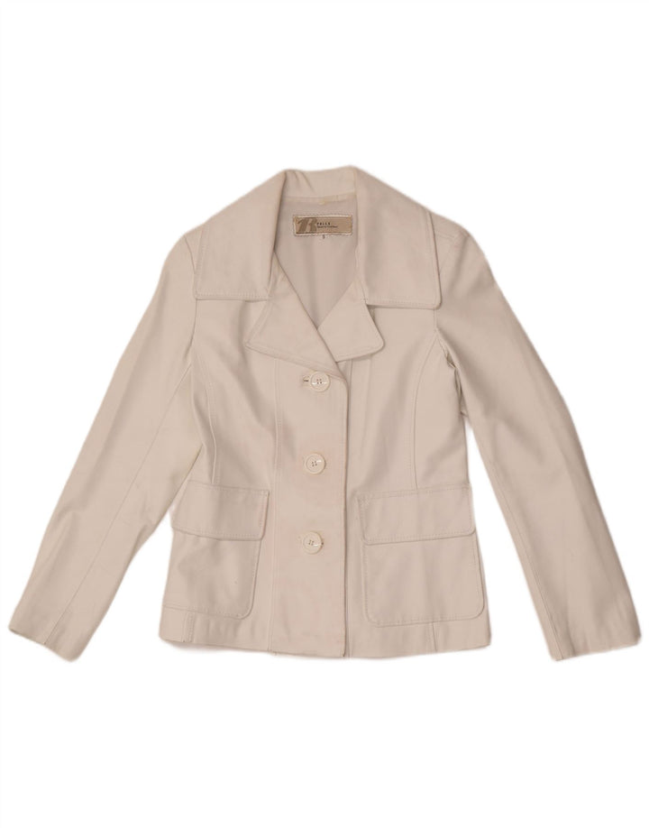Giacca blazer in pelle vintage da donna a 3 bottoni UK 10 piccola bianca