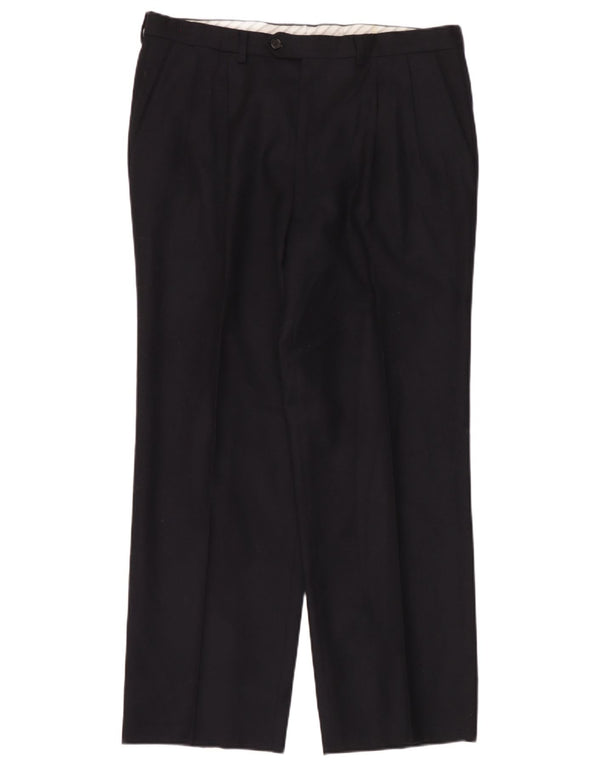 Pantaloni da abito vintage da uomo con pegging W36 L30 in lana vergine blu navy