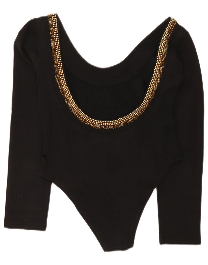 Body vintage da donna a maniche lunghe UK 12 cotone nero medio