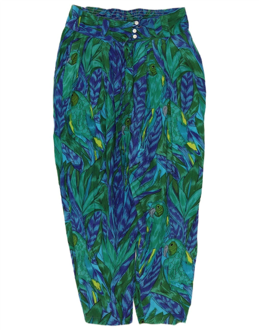 Pantaloni Harem da donna vintage medi W28 L22 viscosa floreale verde tropicale