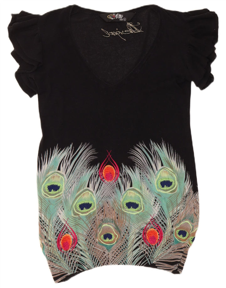 DESIGUAL Donna Maglione con scollo a V con motivo astratto UK 10 Piccolo Nero