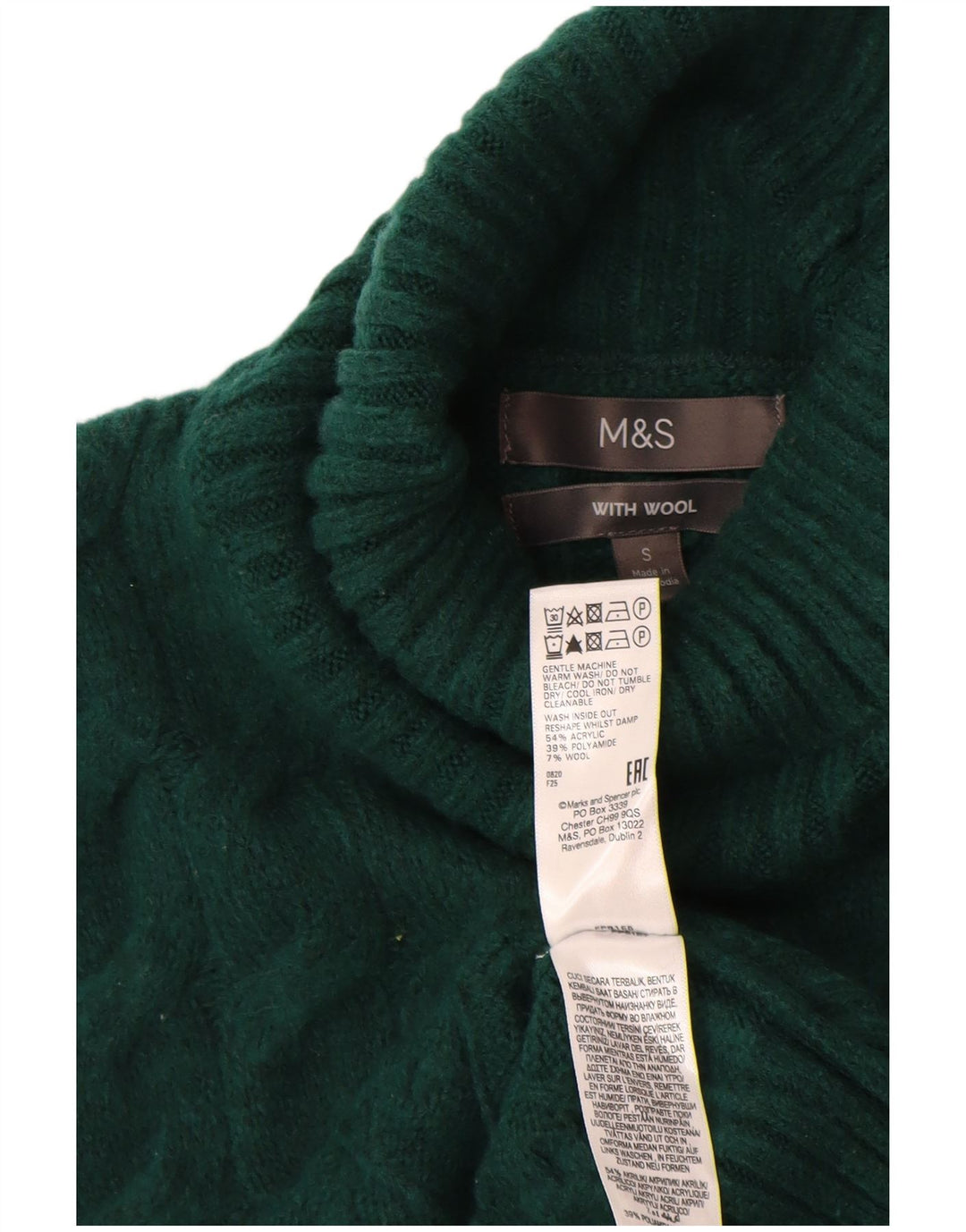 MARKS & SPENCER Maglione maglione a collo alto da donna UK 10 Piccolo acrilico verde
