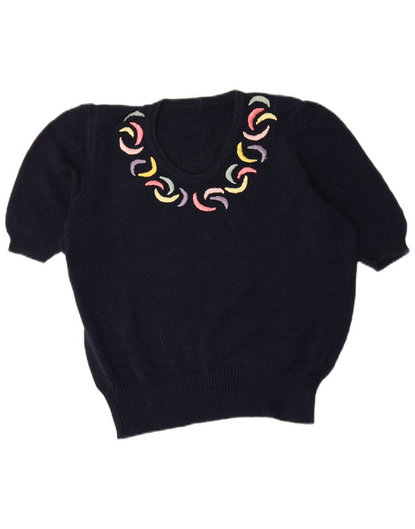 Maglione vintage da donna a maniche corte con scollo a barca UK 16 grande blu navy