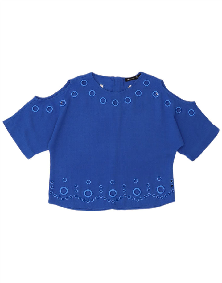 KAREN MILLEN Top corto da donna oversize in camicetta UK 10 piccolo poliestere blu