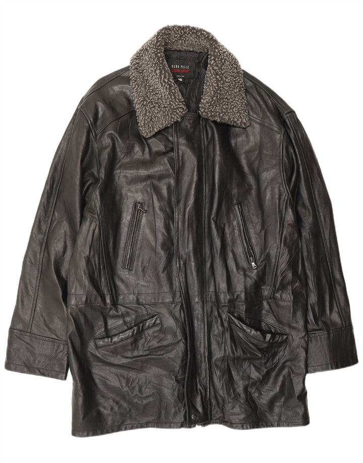 Cappotto in pelle vestibilità ampia da uomo VINTAGE UK 38 Pelle nera media