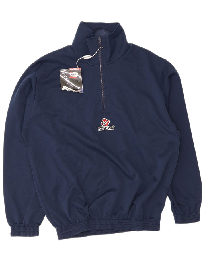 Felpa vintage da uomo con collo con zip, maglione medio blu navy