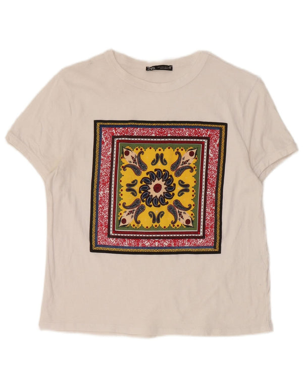 T-shirt grafica da donna Zara Top UK 14 grande cotone Paisley bianco