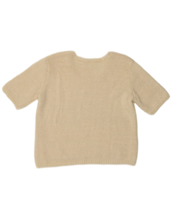 Maglione vintage da donna a maniche corte girocollo UK 12 medio bianco sporco