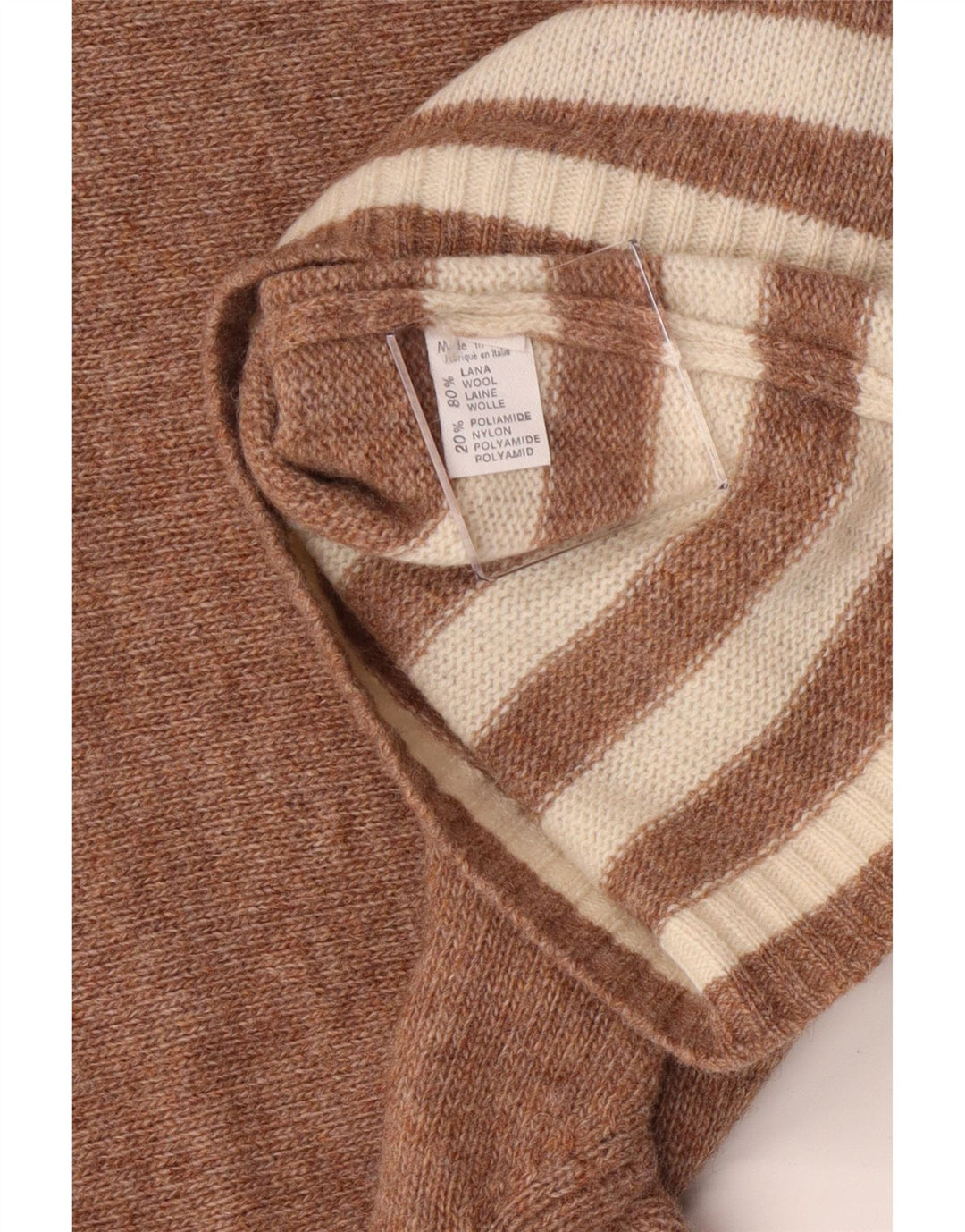 Maglione vintage da donna con collo alto e collo lungo, UK 14, a righe marrone medio