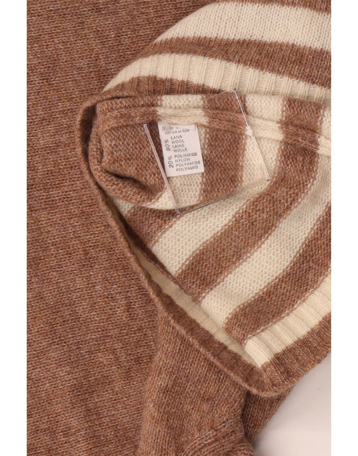 Maglione vintage da donna con collo alto e collo lungo, UK 14, a righe marrone medio