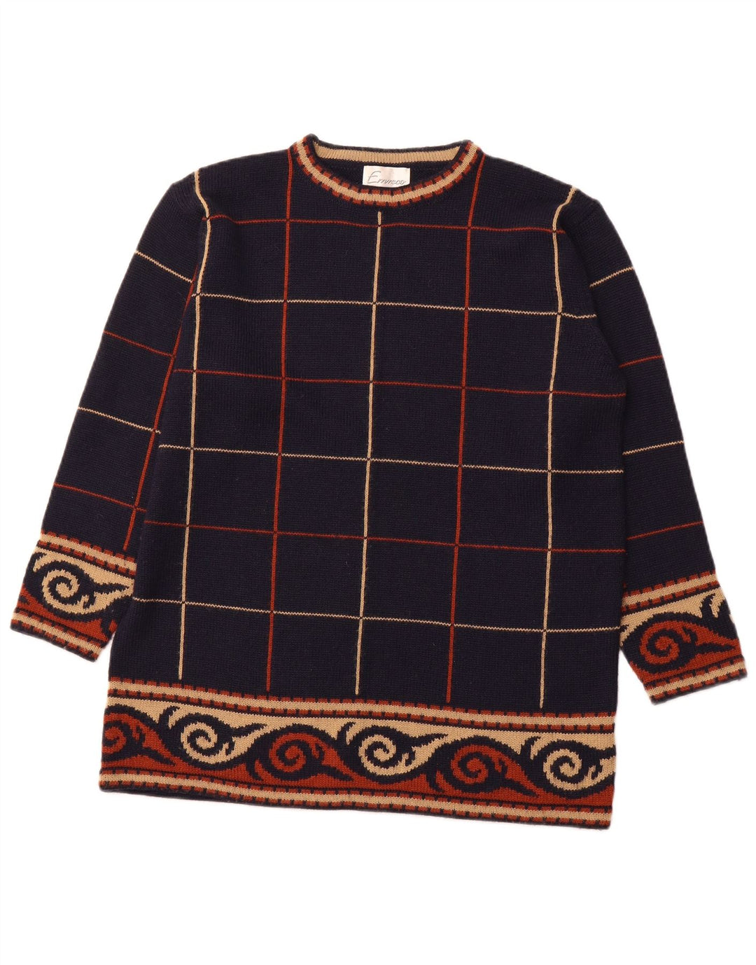 EMRECO Womens Crew Neck Jumper Sweater UK 14 Medium Navy Blue Check